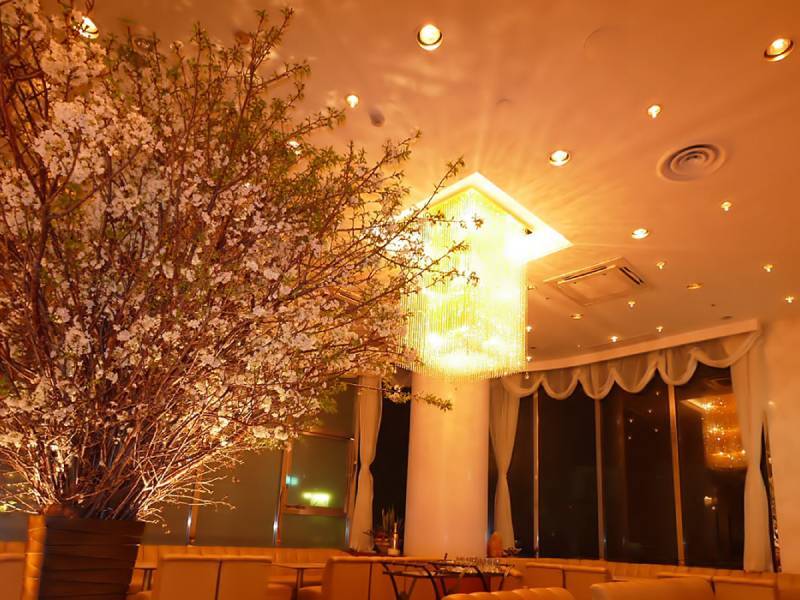 （店内の写真。ゴージャスな照明が暖色系に光っている。サイドに大きな桜の枝もの。大きな窓にレースのカーテンがある。）